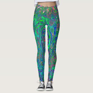 Trippy Chartreuse and Blue Retro Liquid Swirl Leggings