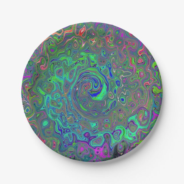 Trippy Chartreuse and Blue Retro Liquid Swirl Paper Plate (Front)