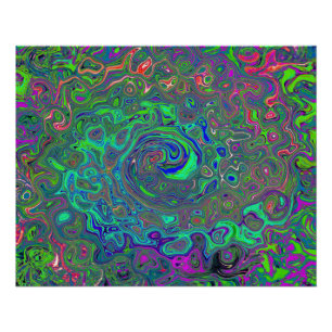 Trippy Chartreuse and Blue Retro Liquid Swirl Poster