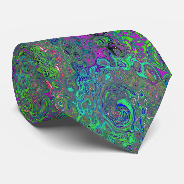 Trippy Chartreuse and Blue Retro Liquid Swirl Tie (Rolled)