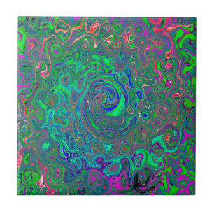 Trippy Chartreuse and Blue Retro Liquid Swirl Tile