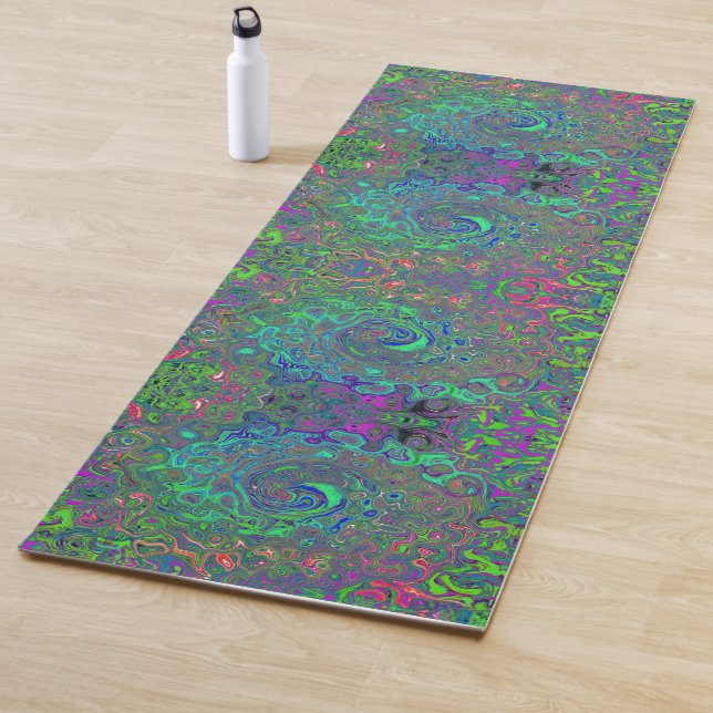 Trippy Chartreuse and Blue Retro Liquid Swirl Yoga Mat (In Situ)