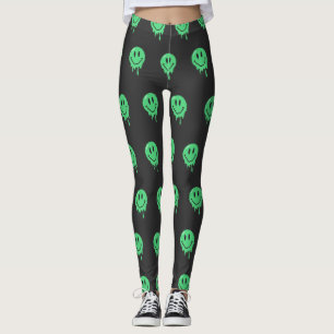 Trippy Dripping Green Melting Smiley Face Aestheti Leggings
