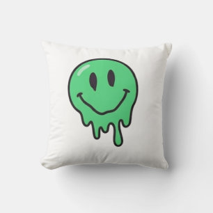 Trippy Dripping Green Melting Smiley Face Aestheti Throw Pillow