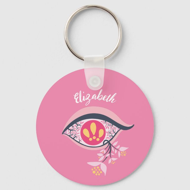 Trippy Eye Pink Floral Psychedelic Name Keychain (Front)