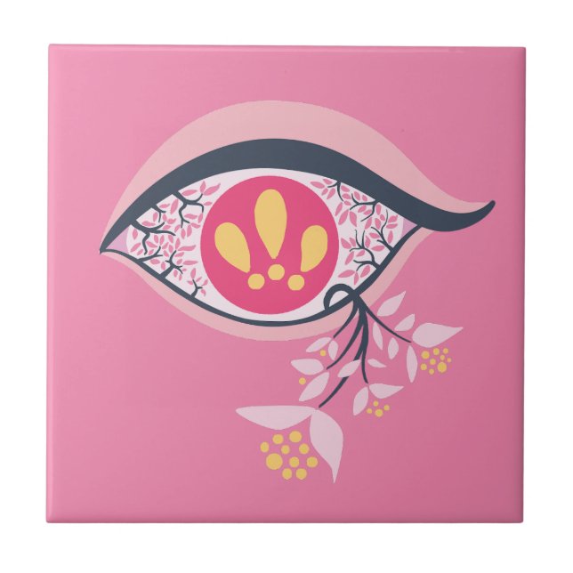 ﻿﻿Trippy Eye Pink Floral Psychedelic Surrealist Tile (Front)