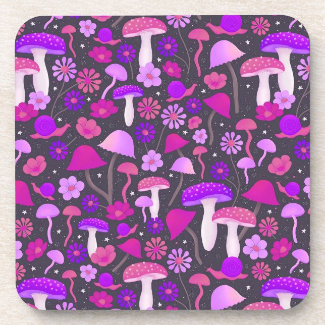 Trippy Floral Mushrooms Pink, Purple & Black Coaster (Front)