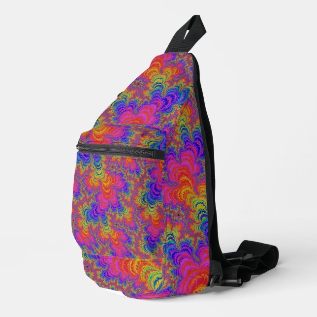 Trippy Funky Bold Vibrant Rainbow Abstract Fractal Sling Bag (Right Corner)