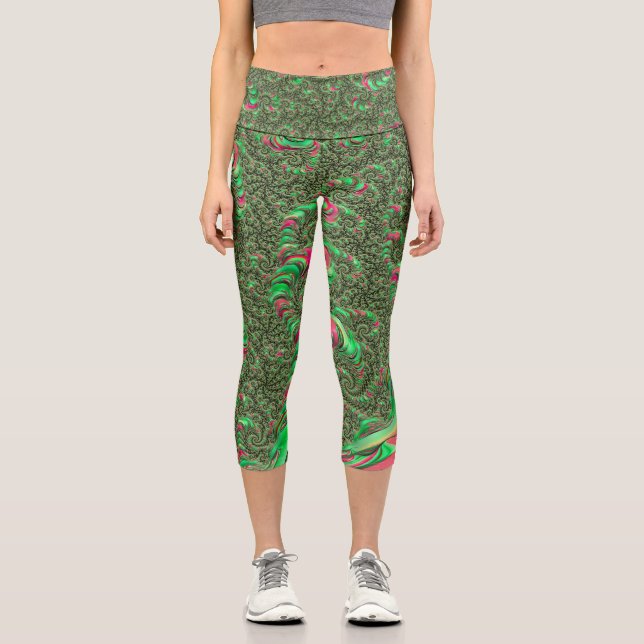 Trippy Funky Psychedelic Groovy Spiral Fractal Art Capri Leggings (Front)