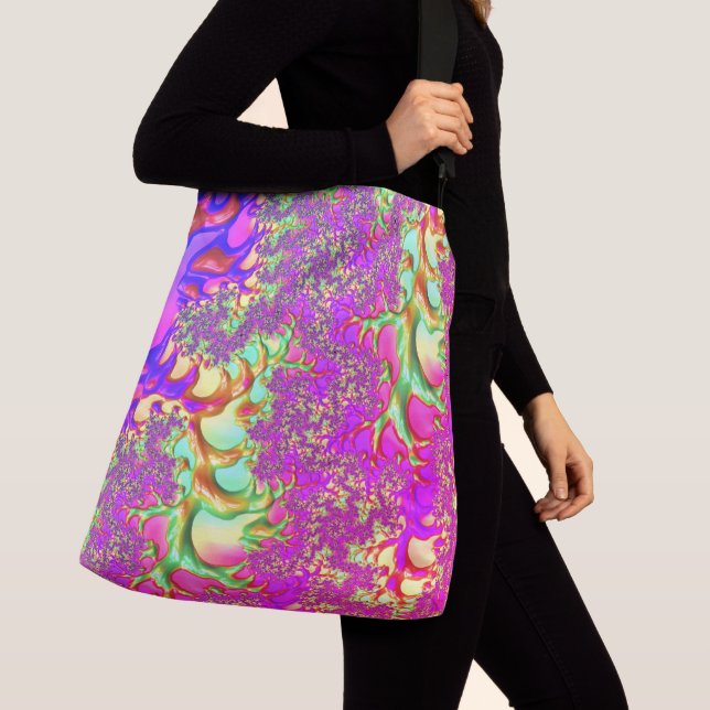 Trippy Funky Vibrant Neon Groovy Acid Trip Fractal Crossbody Bag (Close Up)