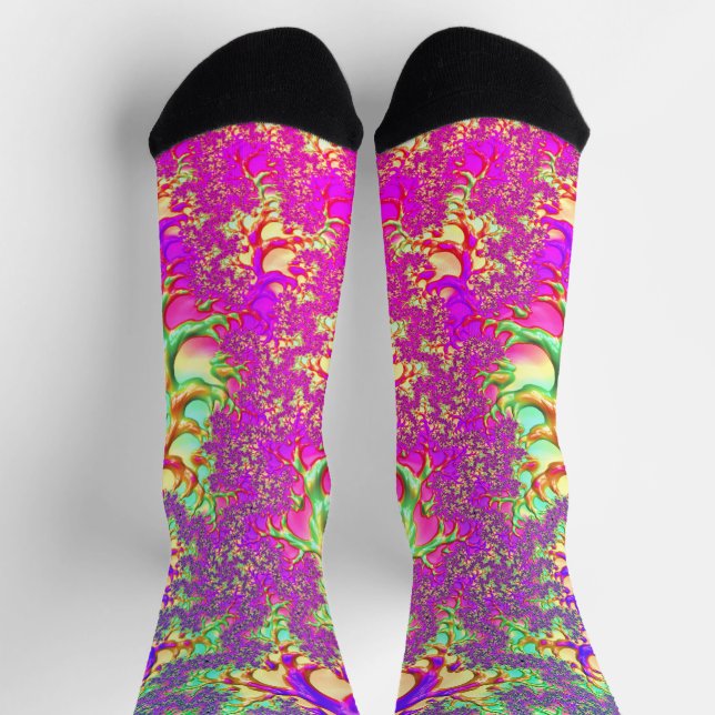 Trippy Funky Vibrant Neon Groovy Acid Trip Fractal Socks (Top)