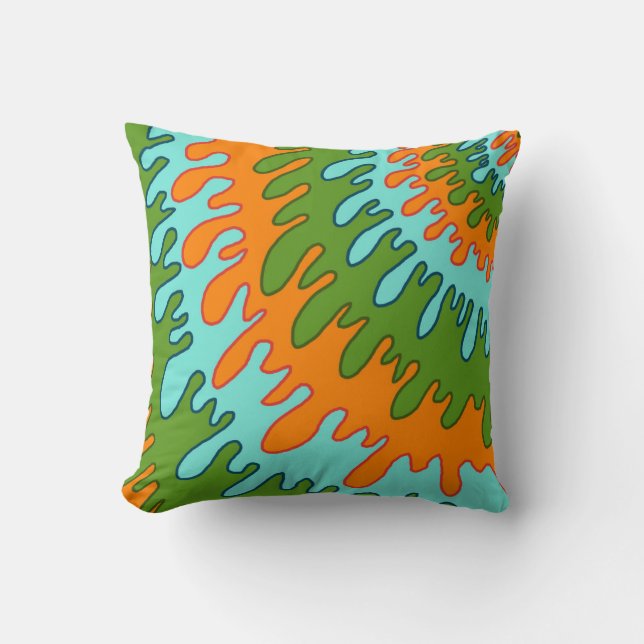 Trippy Green Orange Liquid Drip Stripe Y2K Pattern Throw Pillow (Front)