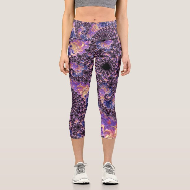 Trippy Groovy Boho Colourful Jewel Tone Fractal Ar Capri Leggings (Front)