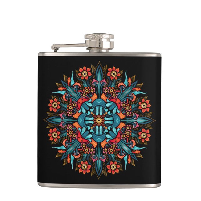 Trippy hippie psychedelic groovy mushroom weird hip flask (Front)