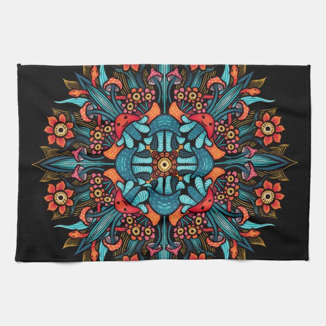 Trippy hippie psychedelic groovy mushroom weird kitchen towel (Horizontal)