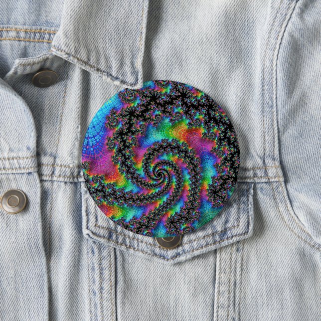 Trippy Hippie Psychedelic Rainbow Spiral Fractal 4 Inch Round Button (In Situ)