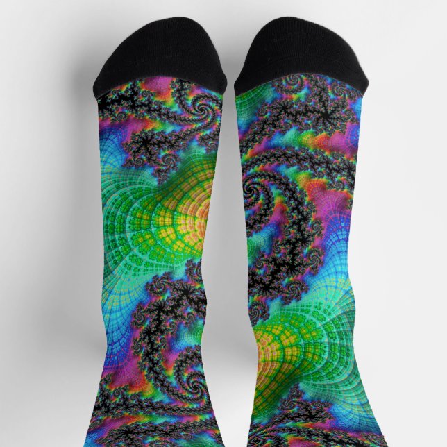 Trippy Hippie Psychedelic Rainbow Spiral Fractal Socks (Top)