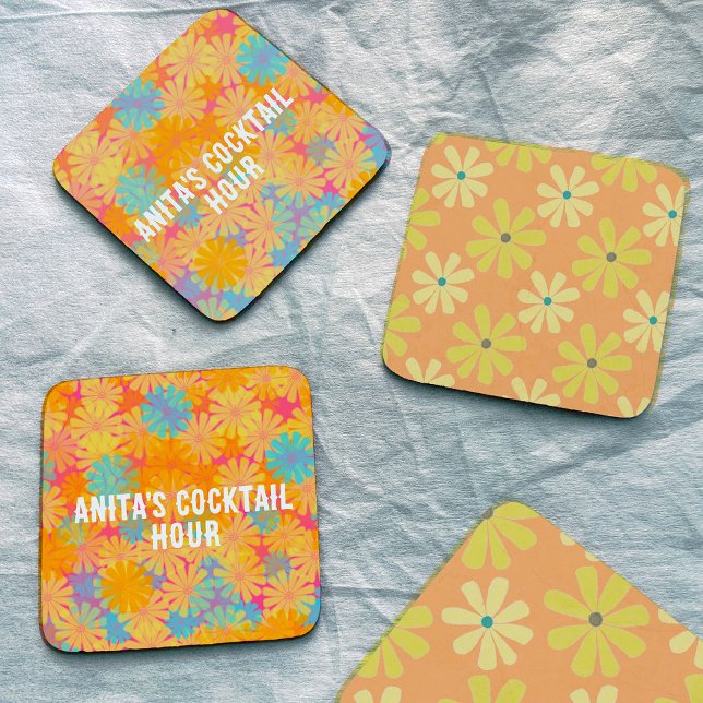 Trippy Hippie Psychedelic Retro Floral Design Square Paper Coaster (Creator Uploaded)