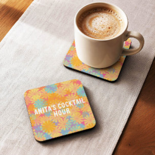 Trippy Hippie Psychedelic Retro Floral Design Square Paper Coaster