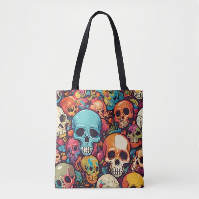 Trippy Hippy Skull Colorful Patterned Psychedelic Tote Bag (Front)