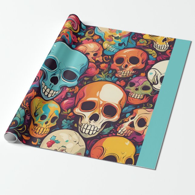 Trippy Hippy Skull Colorful Patterned Psychedelic Wrapping Paper (Unrolled)