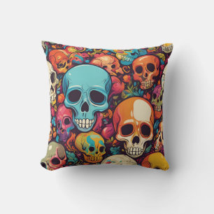 Trippy Hippy Skull Colourful Patterned Psychedelic Throw Pillow