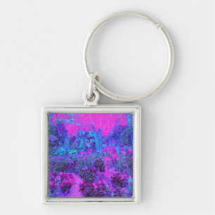 Trippy Hot Pink and Blue Impressionistic Landscape Keychain