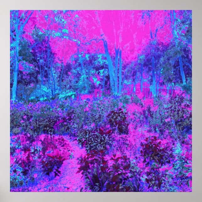 Trippy Hot Pink and Blue Impressionistic Landscape Poster (Front)