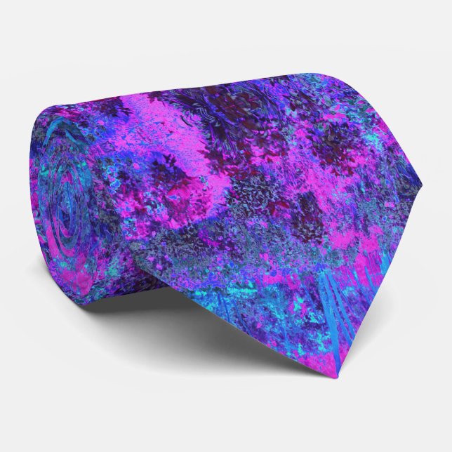 Trippy Hot Pink and Blue Impressionistic Landscape Tie (Rolled)