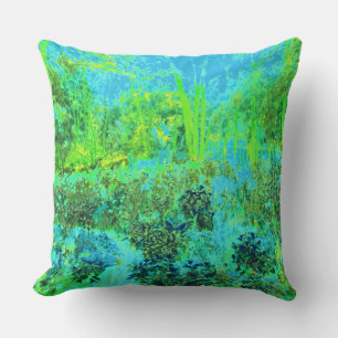 Trippy Lime Green and Blue Garden Landscape Throw Pillow