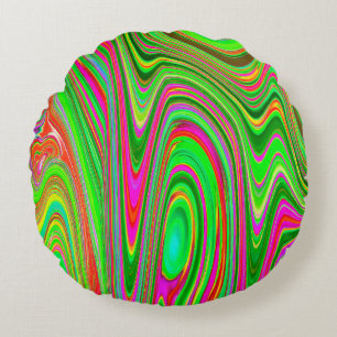 Trippy Lime Green and Magenta Abstract Groovy Art Round Pillow