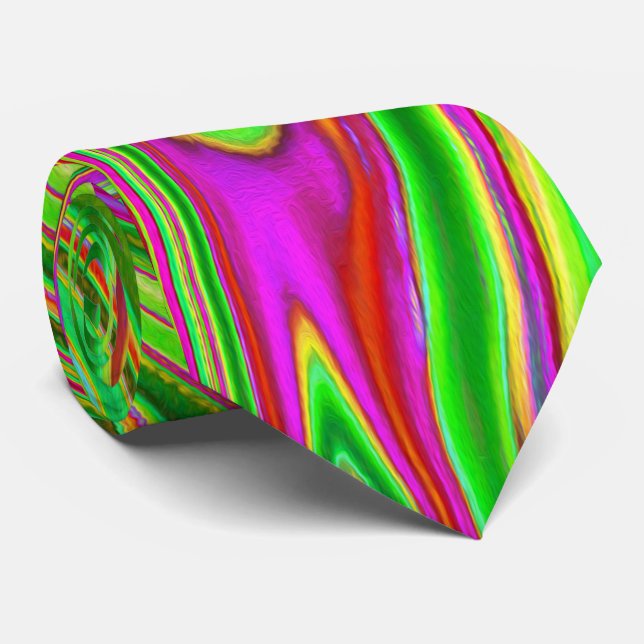 Trippy Lime Green and Magenta Abstract Groovy Art Tie (Rolled)