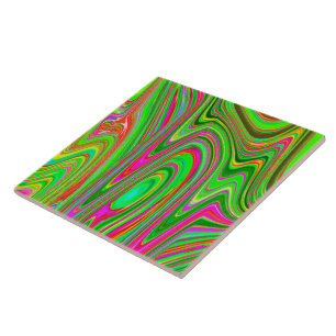 Trippy Lime Green and Magenta Abstract Groovy Art Tile