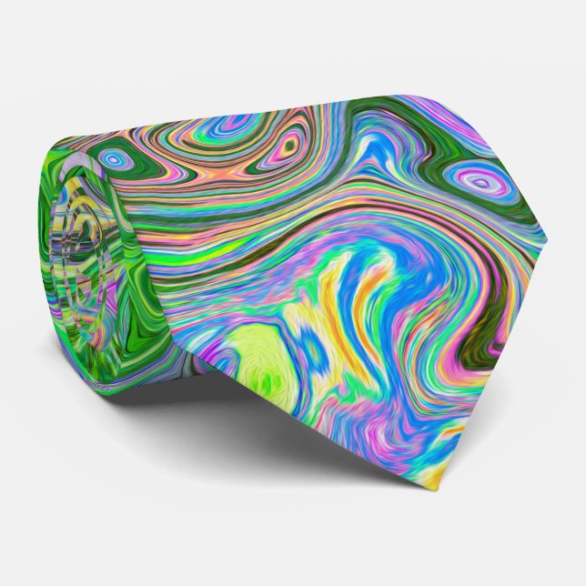 Trippy Lime Green and Pink Abstract Retro Swirl Tie (Rolled)