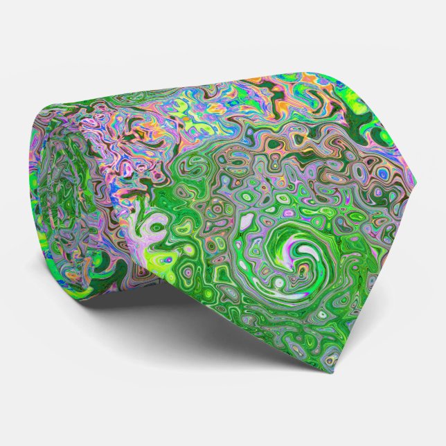 Trippy Lime Green and Pink Abstract Retro Swirl Tie (Rolled)