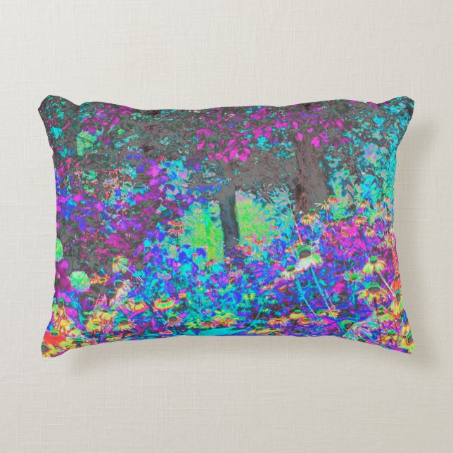 Trippy Lime Green and Purple Garden Sunrise Accent Pillow (Front)