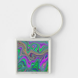 Trippy Lime Green and Purple Waves of Color Keychain