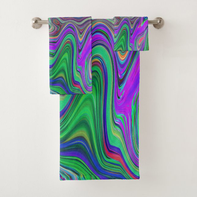 Trippy Lime Green and Purple Waves of Colour Bath Towel Set (Insitu)