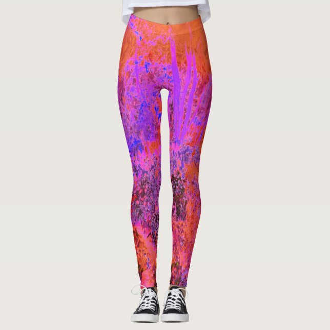 Trippy Magenta and Orange Impressionistic Garden Leggings (Front)