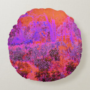 Trippy Magenta and Orange Impressionistic Garden Round Pillow