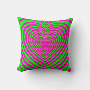 Trippy Neon Pink Green Hypnotic Heart Love Pattern Throw Pillow