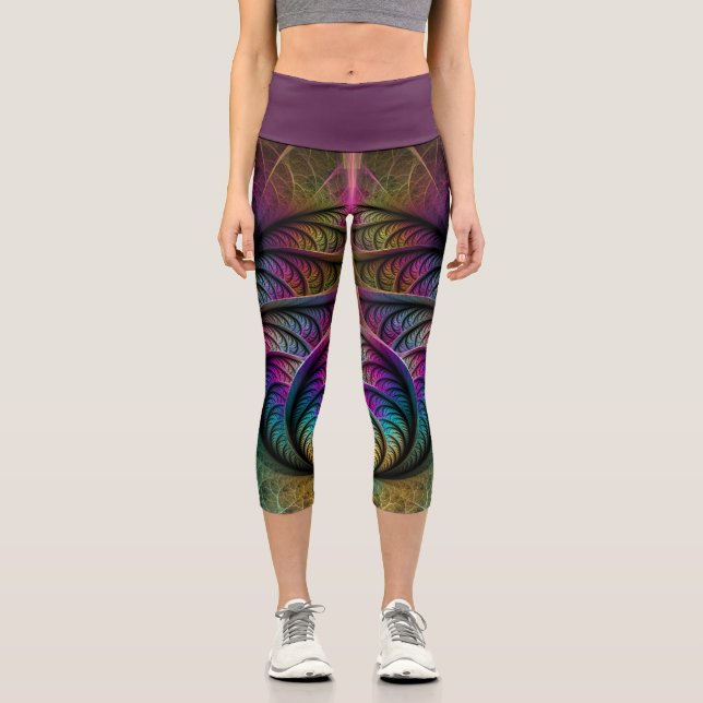 Trippy Patterned Colourful Abstract Fractal Art Capri Leggings (Front)