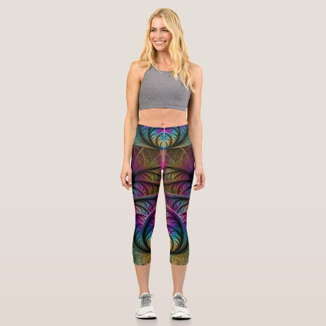 Trippy Patterned Colourful Abstract Fractal Art Capri Leggings (Front)