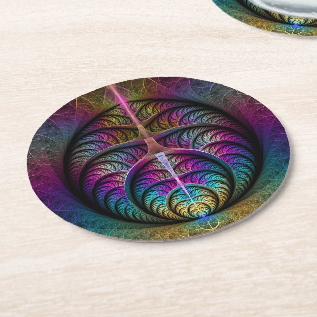 Trippy Patterned Colourful Abstract Fractal Art Round Paper Coaster (Angled)
