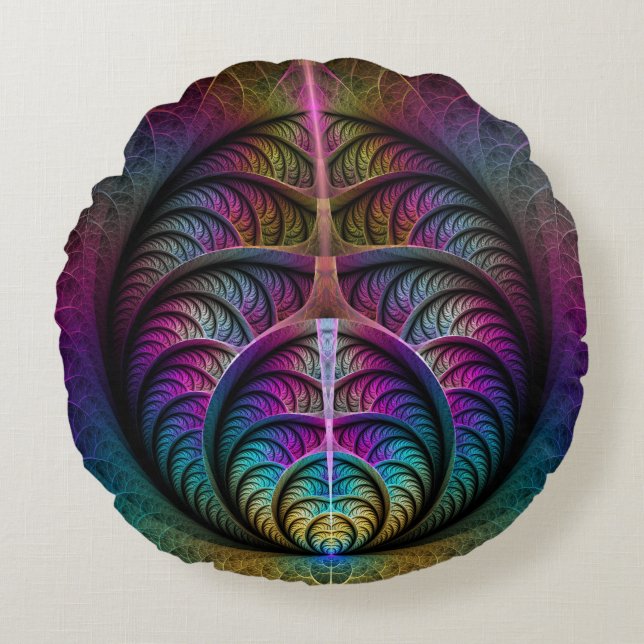 Trippy Patterned Colourful Abstract Fractal Art Round Pillow (Front)