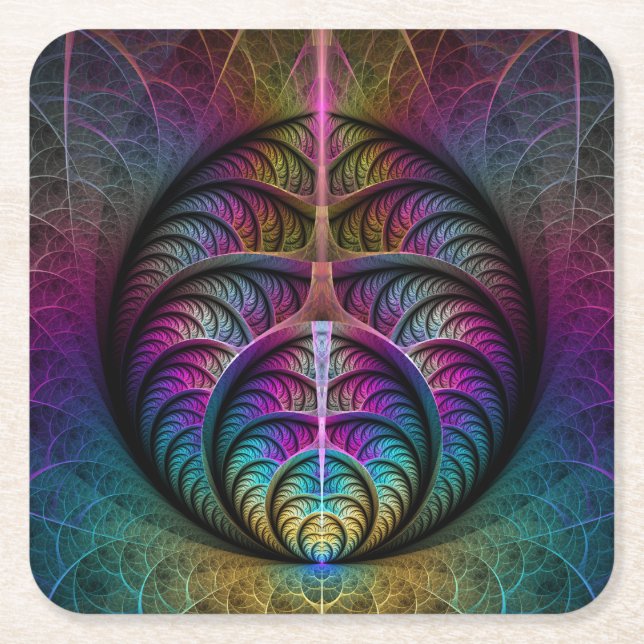 Trippy Patterned Colourful Abstract Fractal Art Square Paper Coaster (Front)