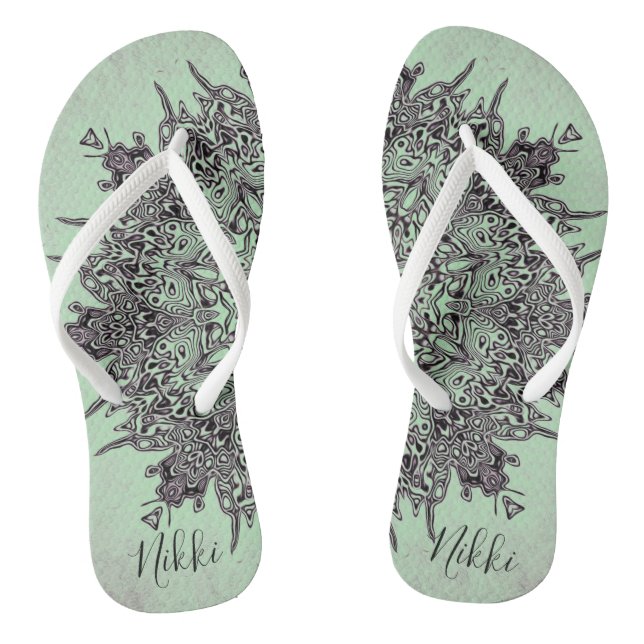 Trippy Personalized Mandala on Mint Green Flip Flops (Footbed)