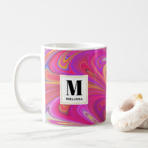 Trippy Pink and Orange Swirly Design Monogram Coffee Mug