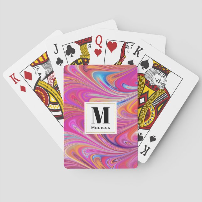Trippy Pink and Orange Swirly Design Monogram Playing Cards (Back)