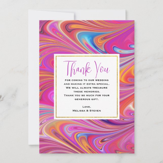 Trippy Pink and Orange Swirly Design Wedding Thank You Card (Front)